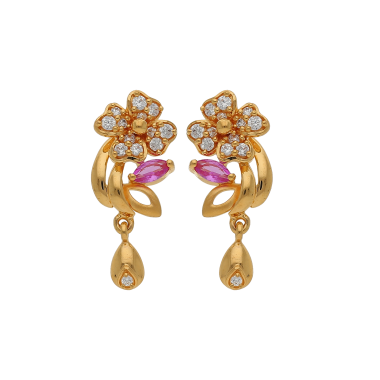 FLORAL DESIGNED GOLD STUD WITH PINK & WHITE STONES